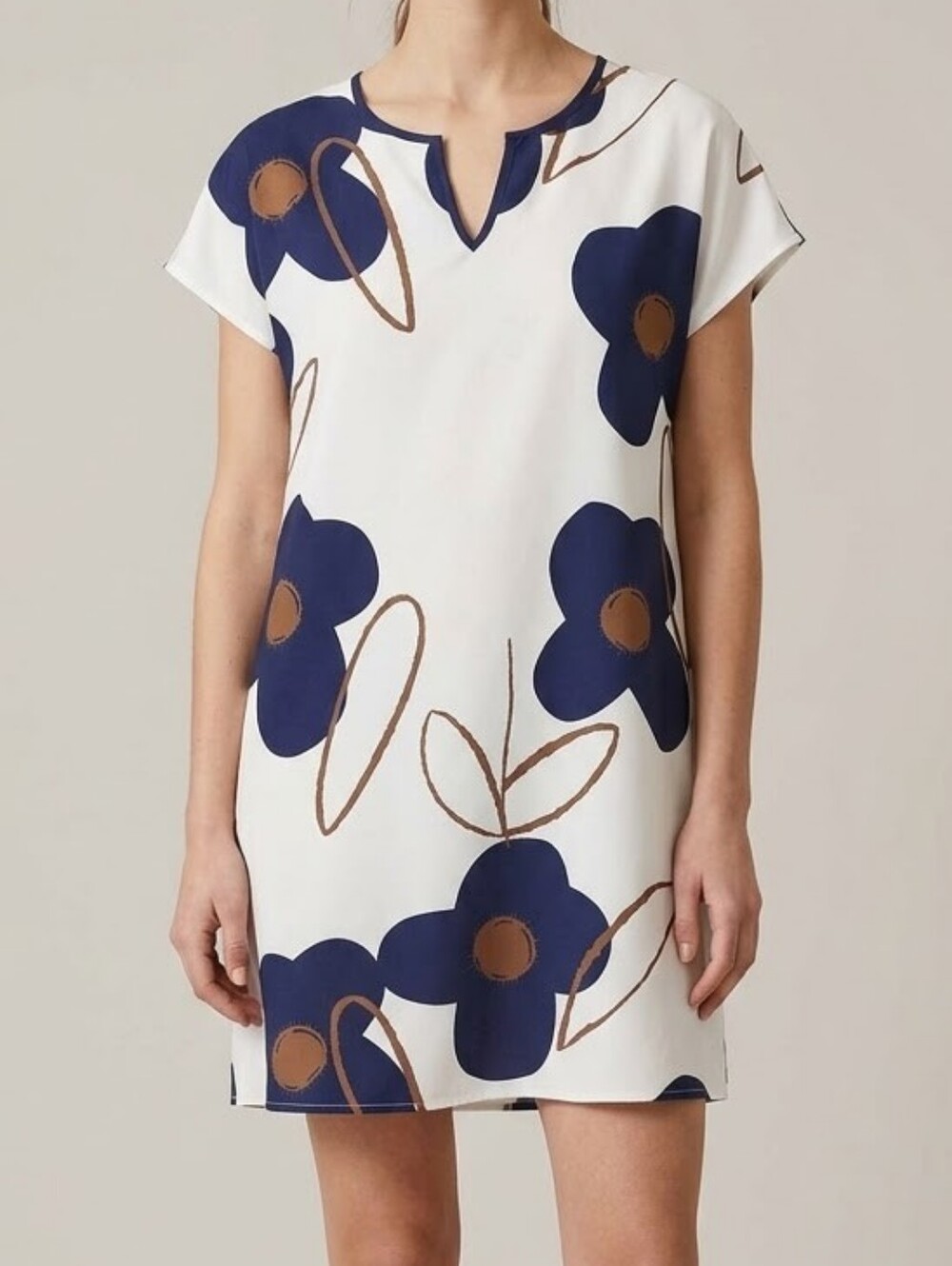 Bold Floral Split-Neck Shift Dress - Navy/White/Brown - Size Small - NWT